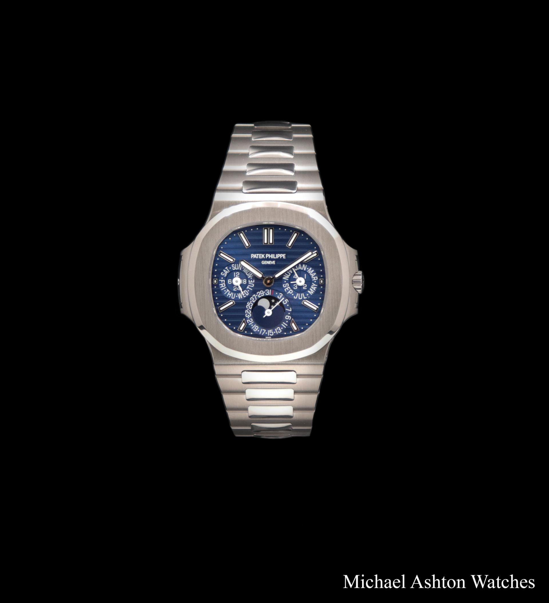 Nautilus, Reference 5740/1G-001, A white gold perpetual calendar  wristwatch with moon phases, leap year indication and bracelet, Circa 2022, Fine Watches, 2023